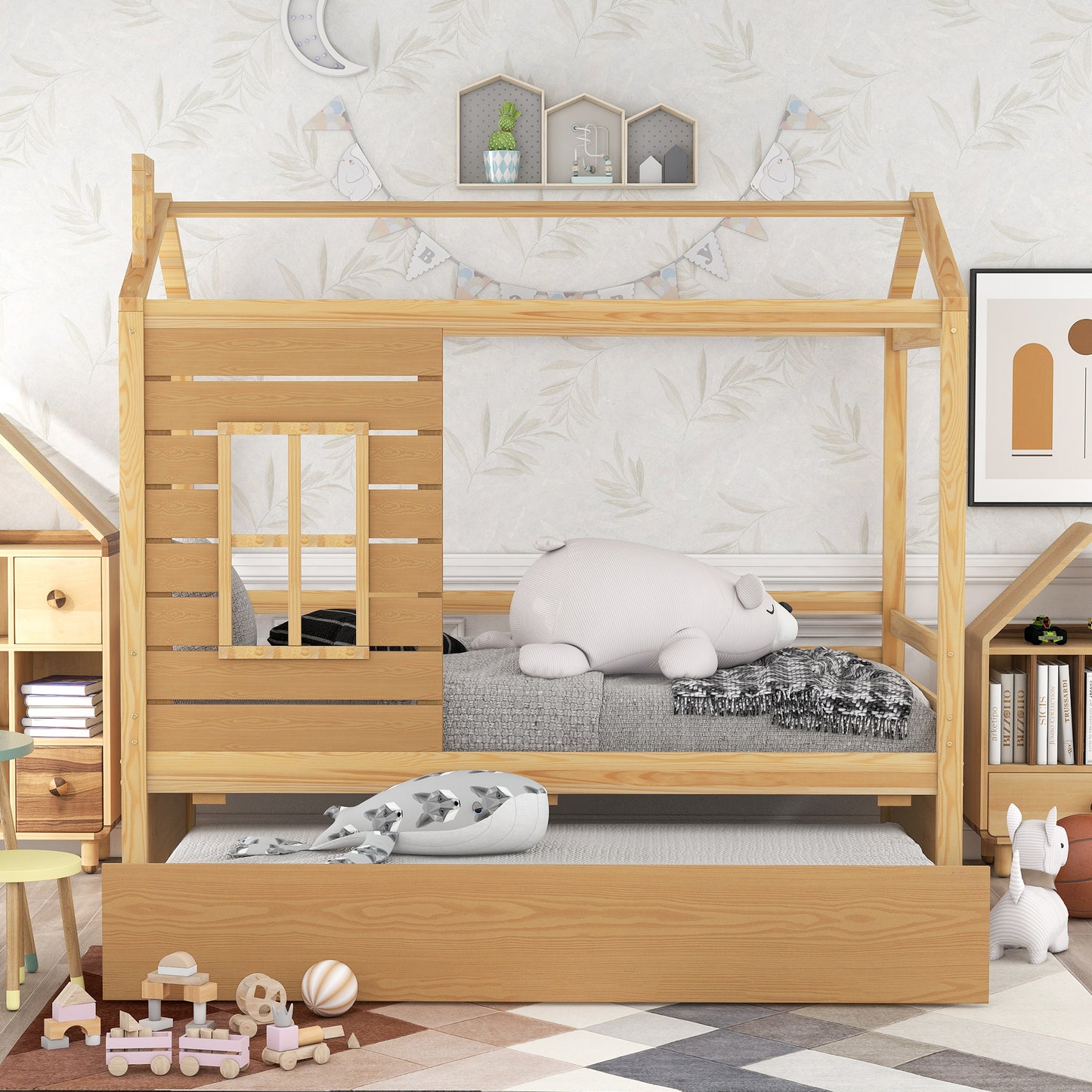 Wood House Bed with Twin Size Trundle (Natural)