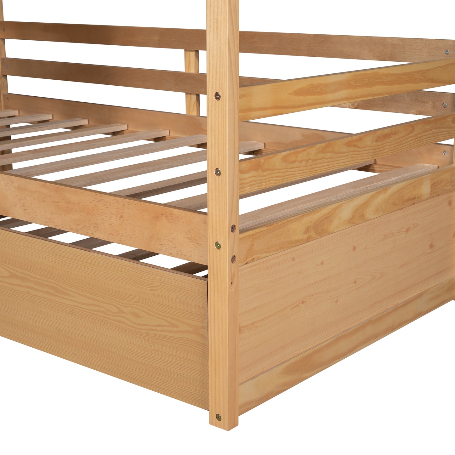 Wood House Bed with Twin Size Trundle (Natural)