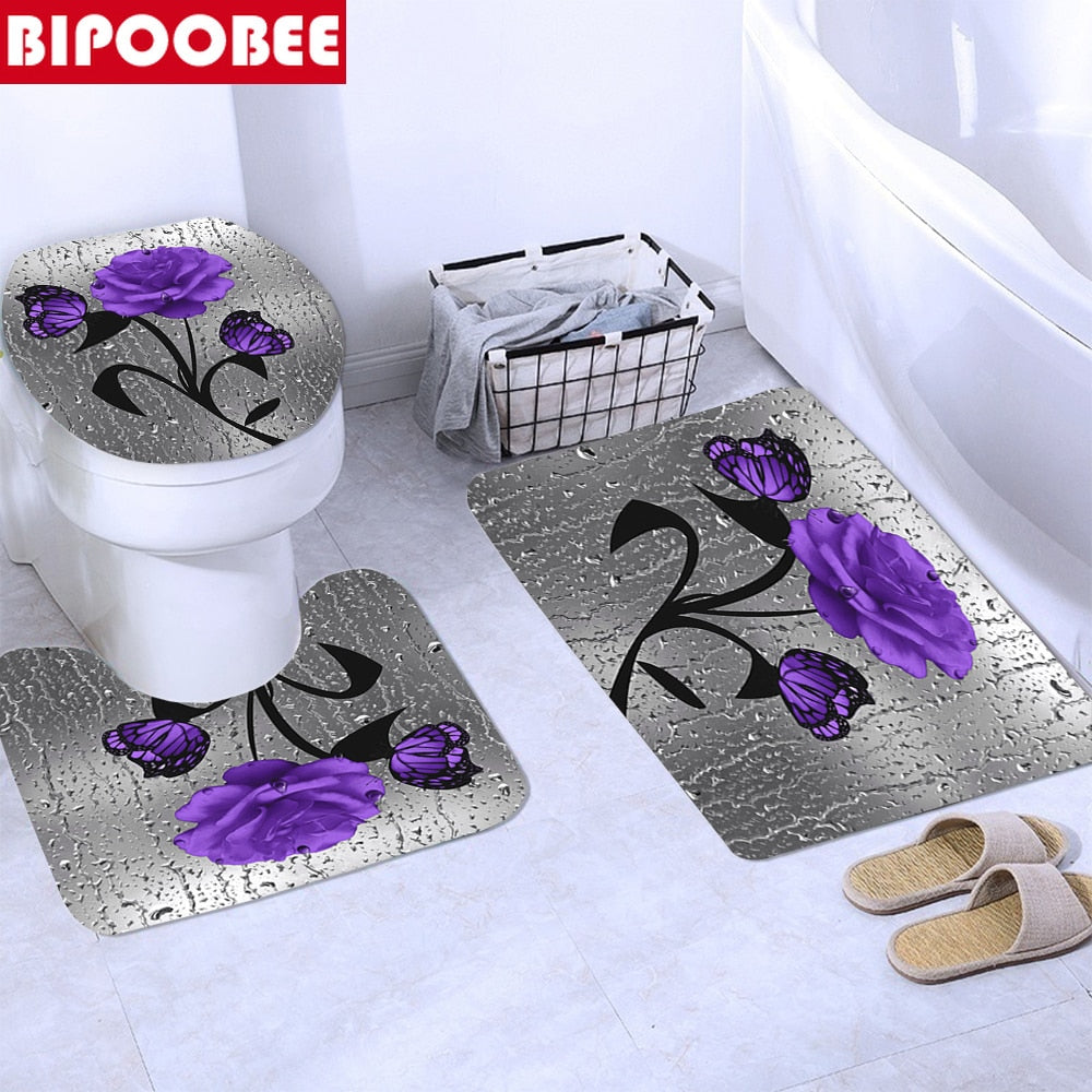 Purple Rose Flowers Shower Curtain Bathroom Curtains Set Butterfly Flower Bath Mats Toilet Lid Cover Anti-slip Carpet Home Decor