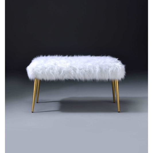 Bagley II Bench in White Faux Fur & Gold - Demine Essentials