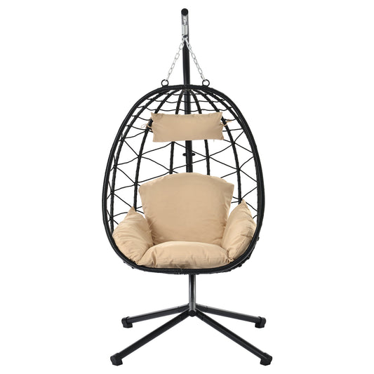 Egg Chair with Stand Indoor Outdoor Swing Chair Patio Wicker Chair - Demine Essentials