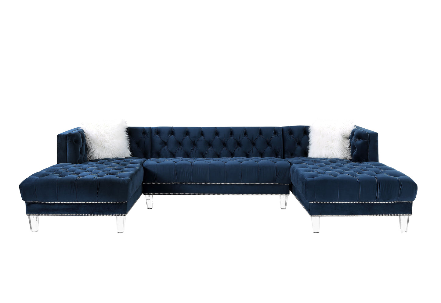 Ezamia Sectional Sofa w/2 Pillows - Navy Blue Velvet - Demine Essentials
