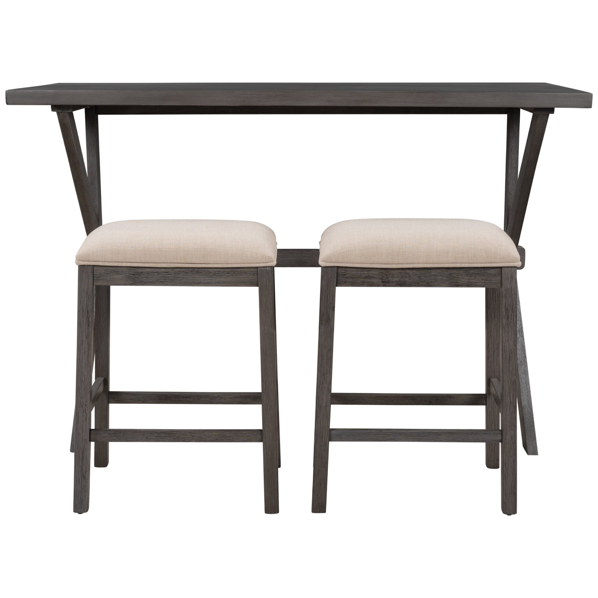 Farmhouse Rustic 3-piece Dining Table Set with 2 Stools Gray+Beige Cushion - Demine Essentials
