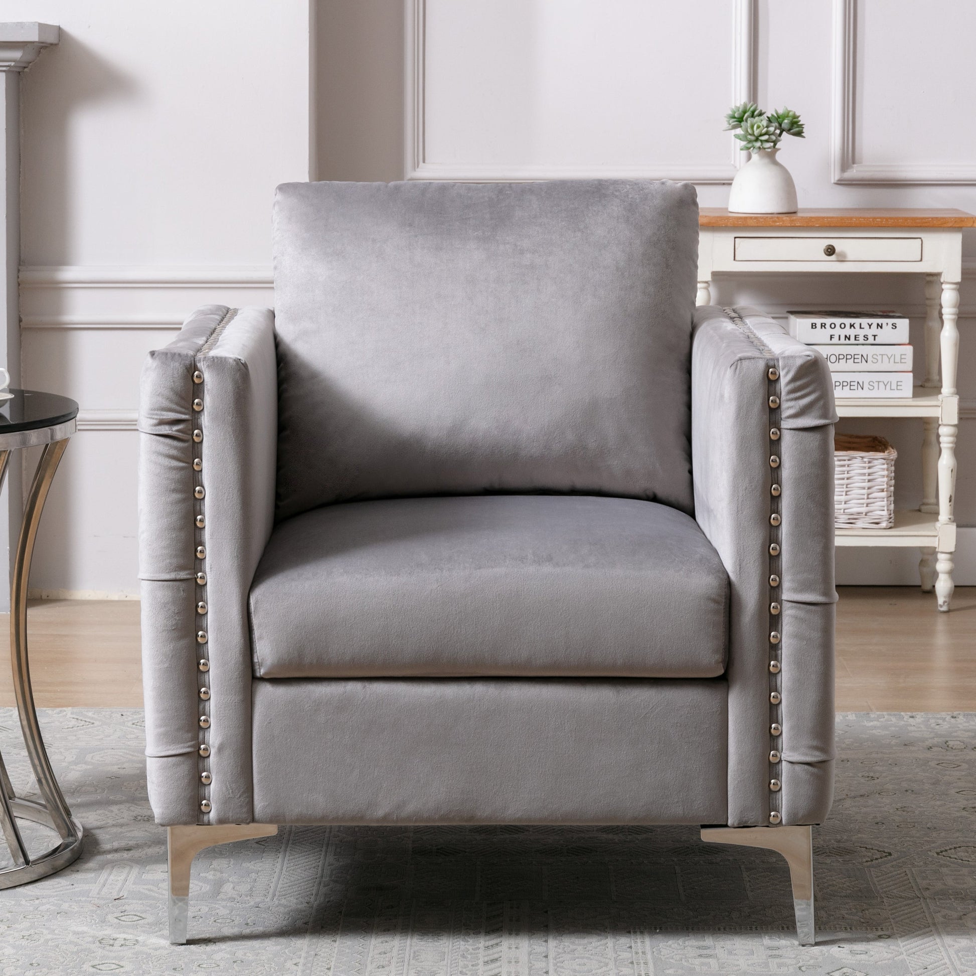 Farrah Velvet Tufted Button Accent Chair - Grey - Demine Essentials