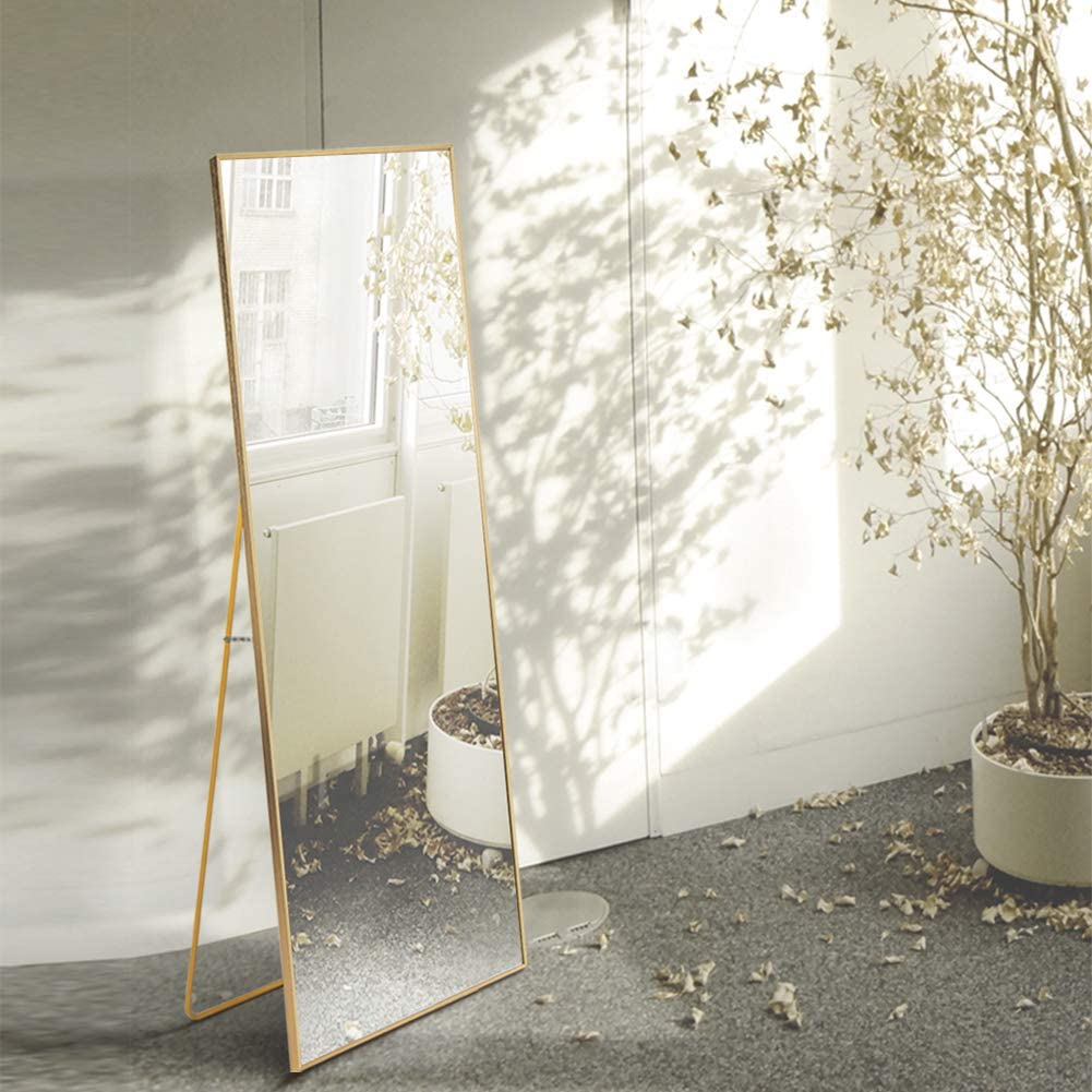 Full Length Floor Mirror Hanging Standing or Leaning Gold Frame 59" x 15.7" - Demine Essentials