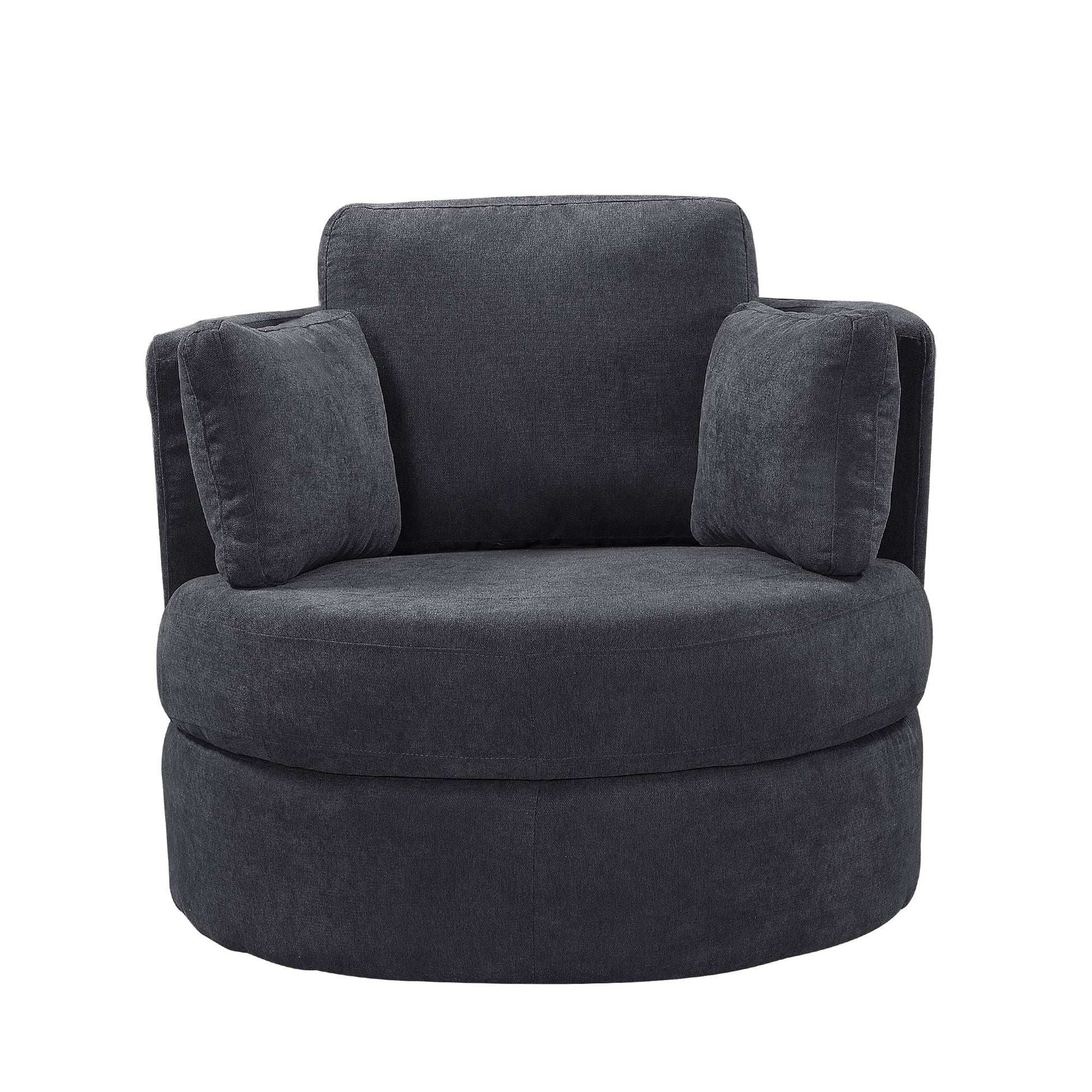 Dark Grey Swivel Accent Barrel Modern Round Chair with 3 Pillows and storage - Demine Essentials