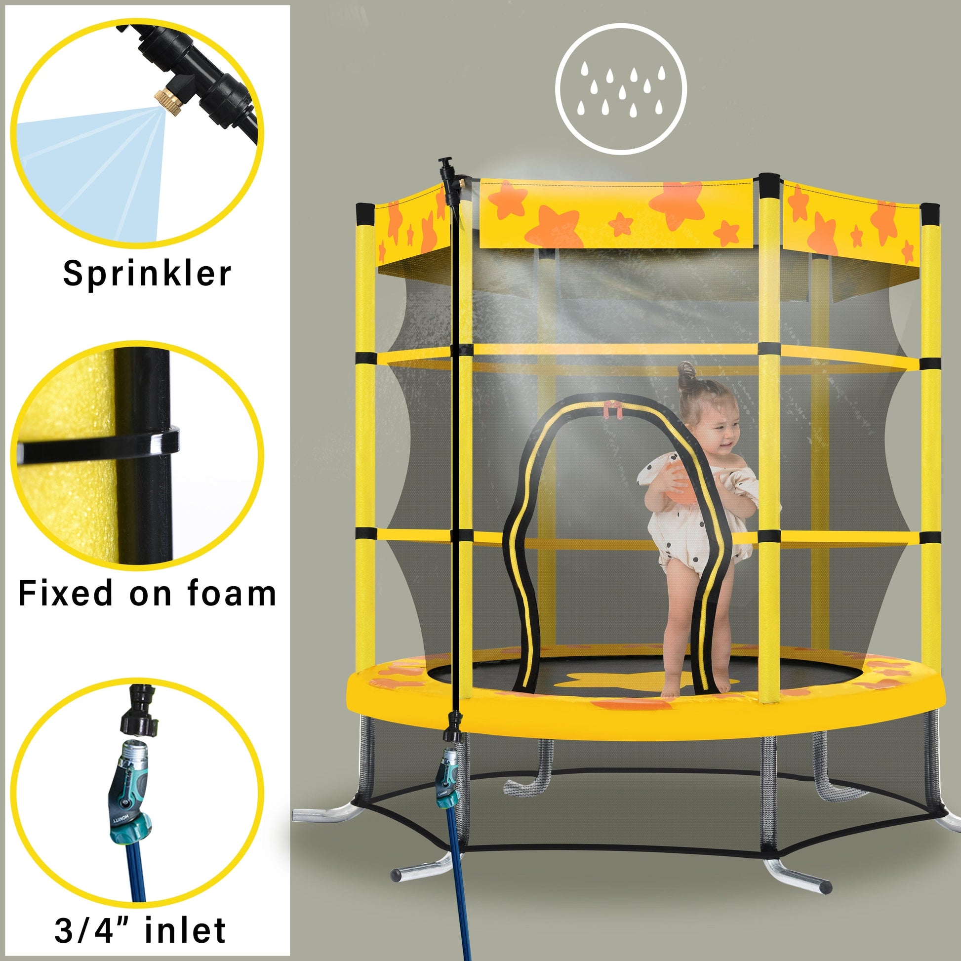 Kids Trampoline with Safety Enclosure Net with Water Sprinkler - Demine Essentials