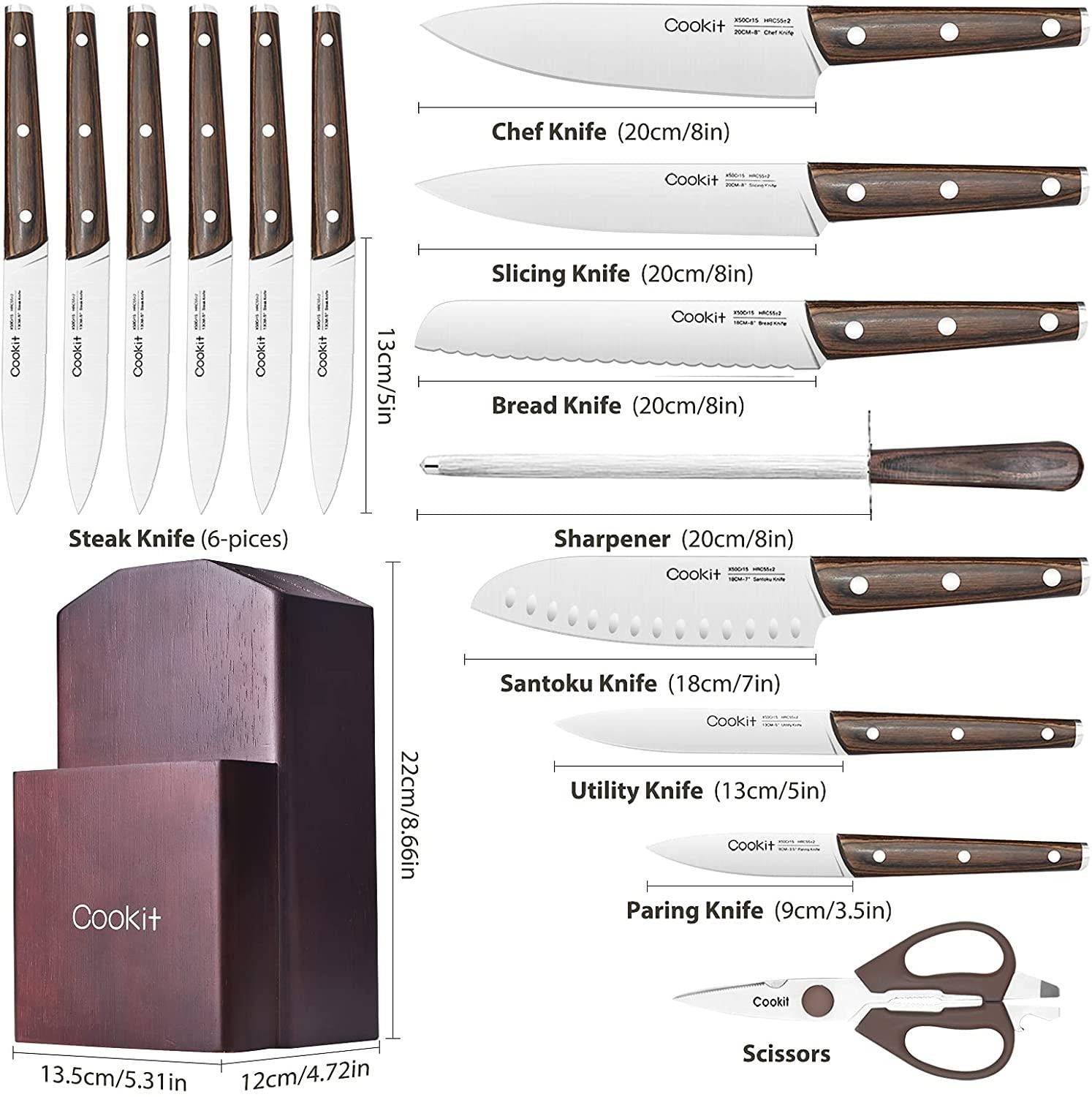 Kitchen Knife Sets, Cookit 15 Piece Knife Sets with Block for Kitchen Chef Knife Stainless Steel Knives Set Serrated Steak Knives with Manual Sharpener Knife - Demine Essentials
