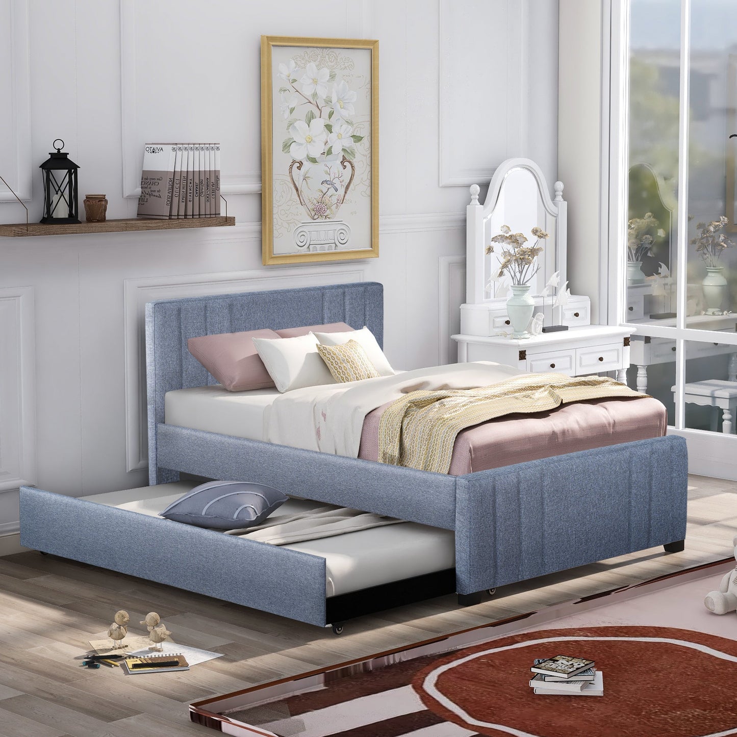 Full Upholstered Platform Bed with Trundle Gray - Demine Essentials