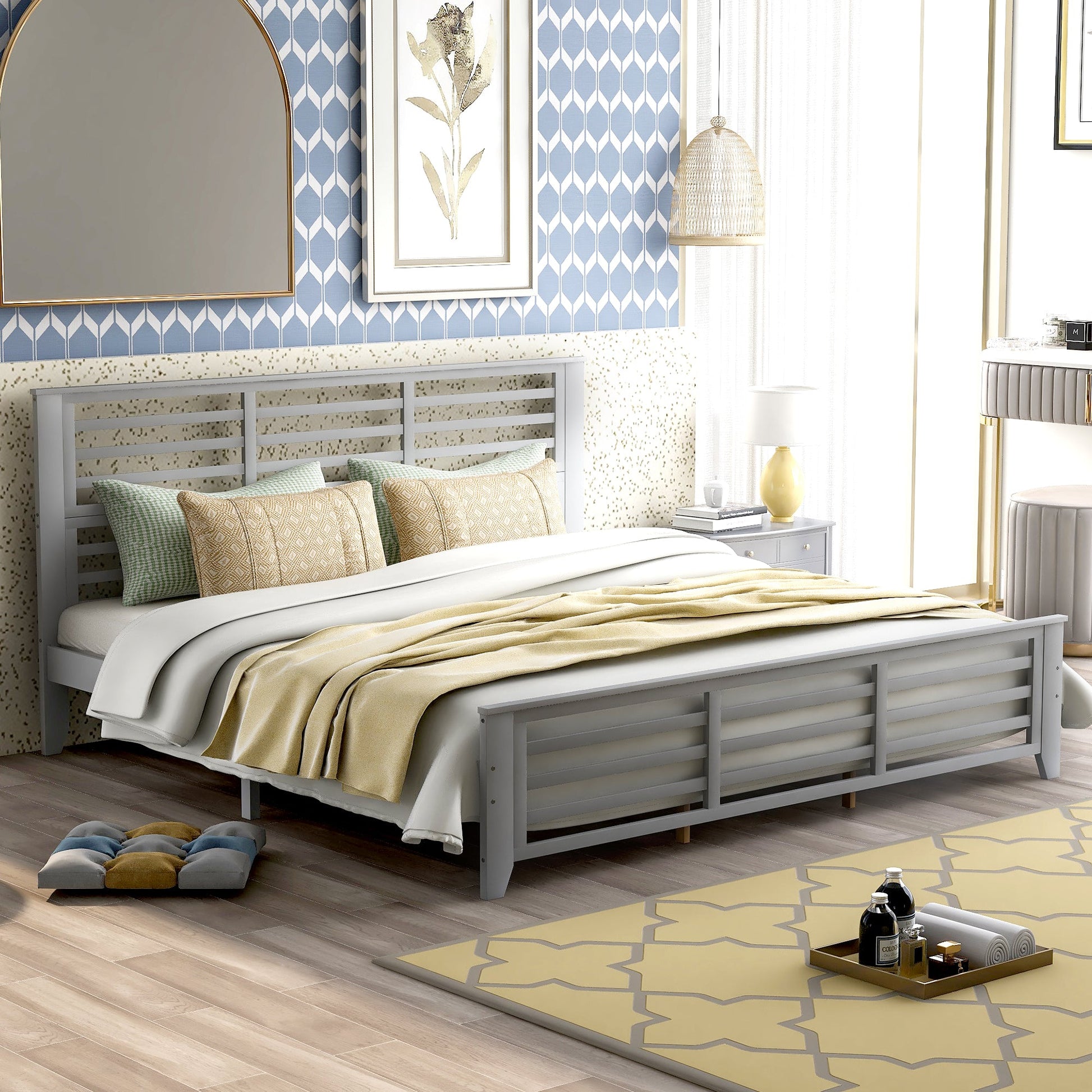 Platform bed with horizontal strip hollow shape, King size, gray （New） - Demine Essentials