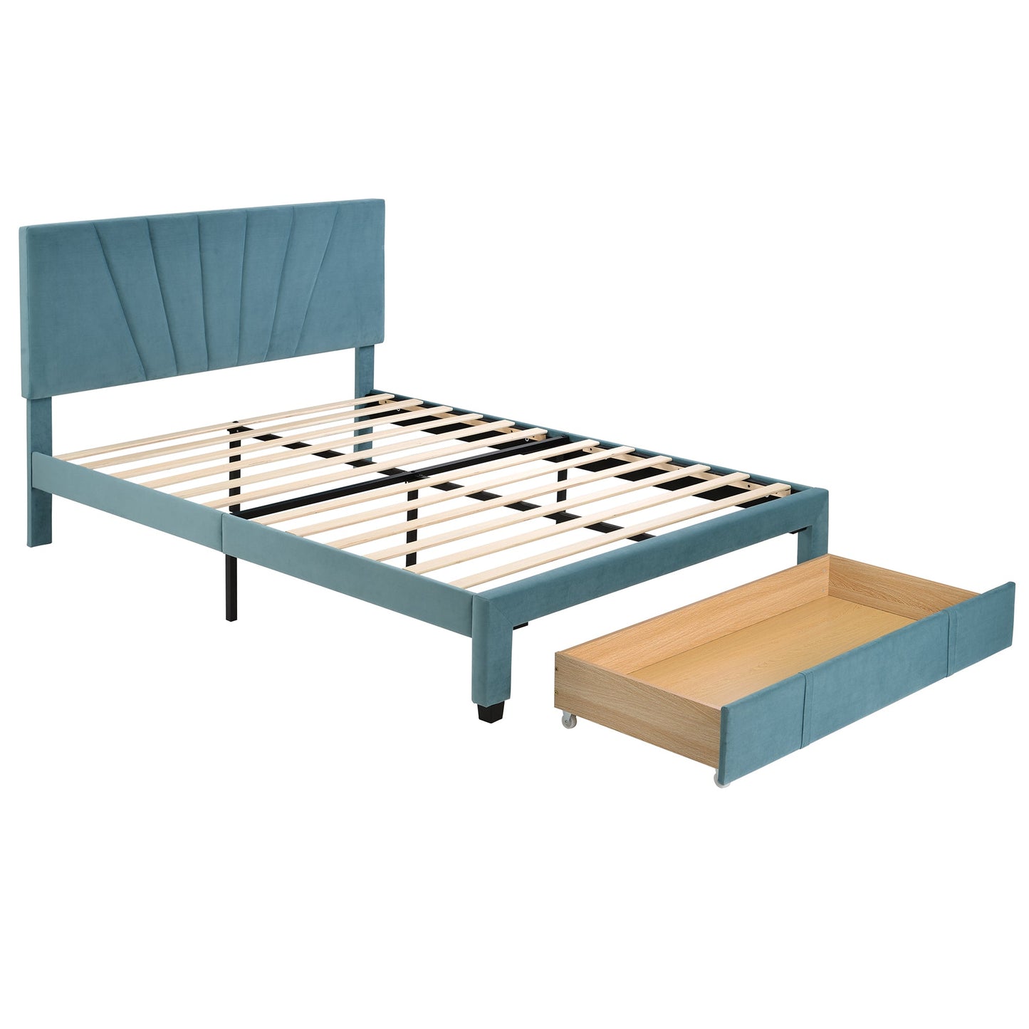 Queen Size Storage Bed Velvet Upholstered Platform Bed with a Big Drawer - Blue - Demine Essentials