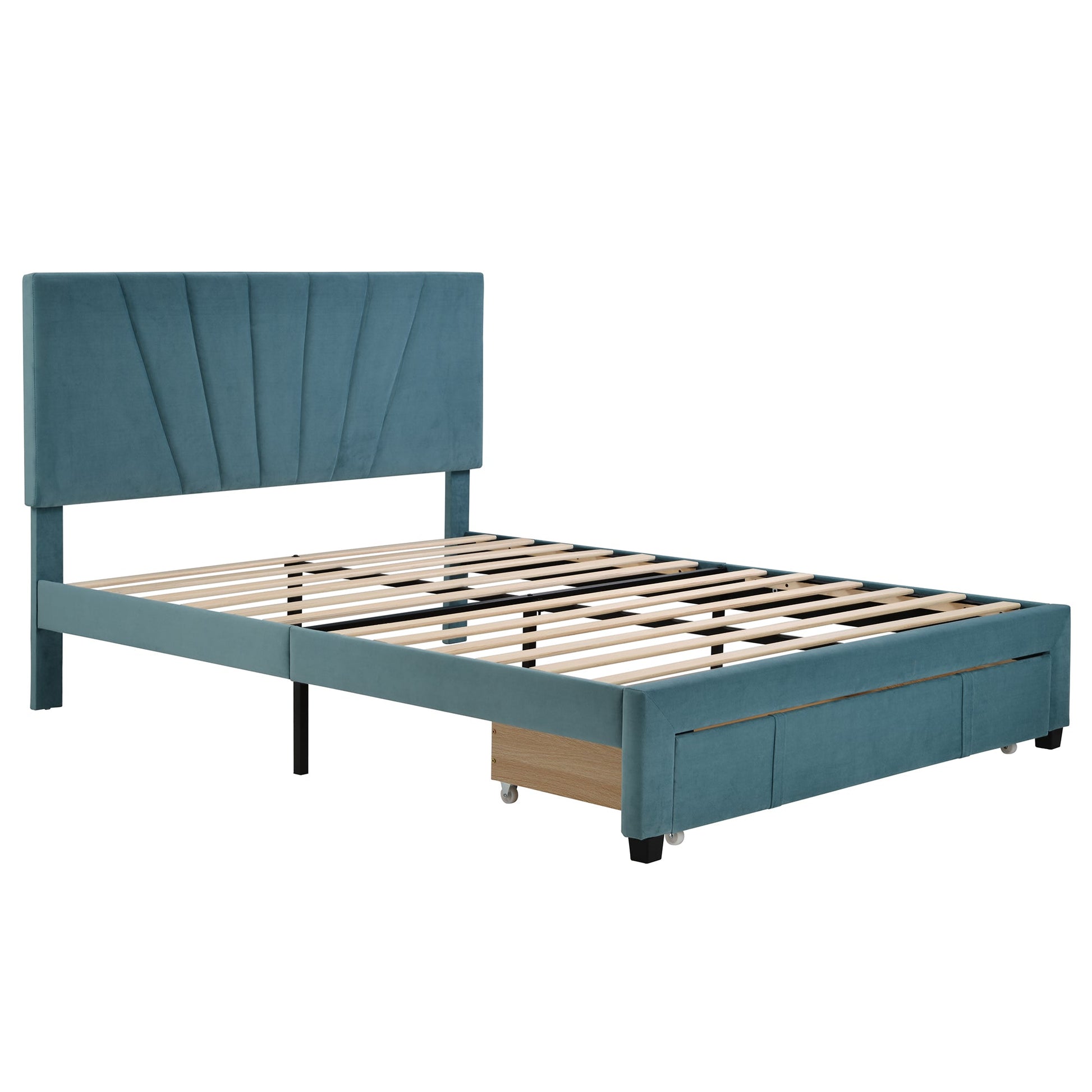 Queen Size Storage Bed Velvet Upholstered Platform Bed with a Big Drawer - Blue - Demine Essentials