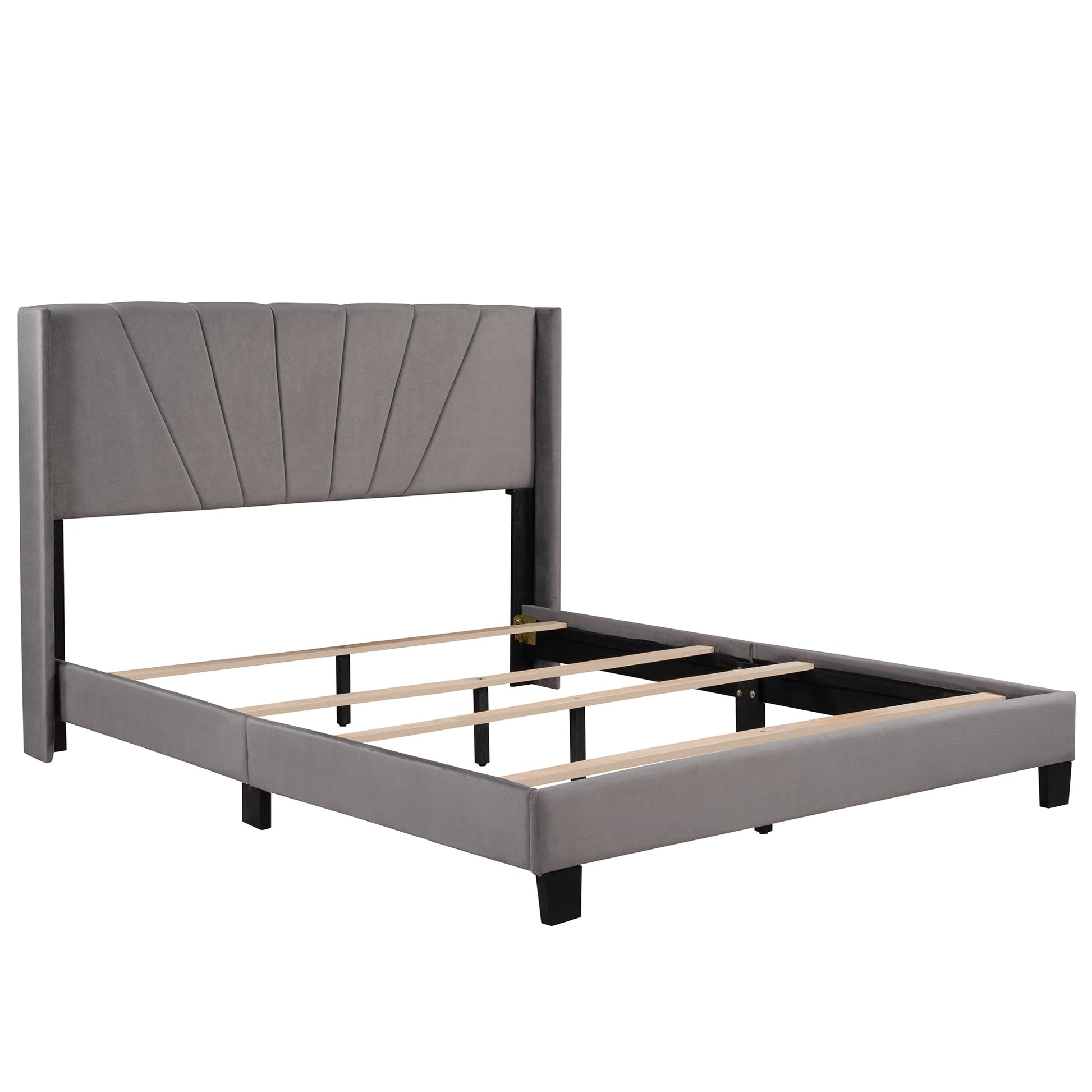Queen Size Velvet Upholstered Platform Bed, Box Spring Needed - Gray - Demine Essentials