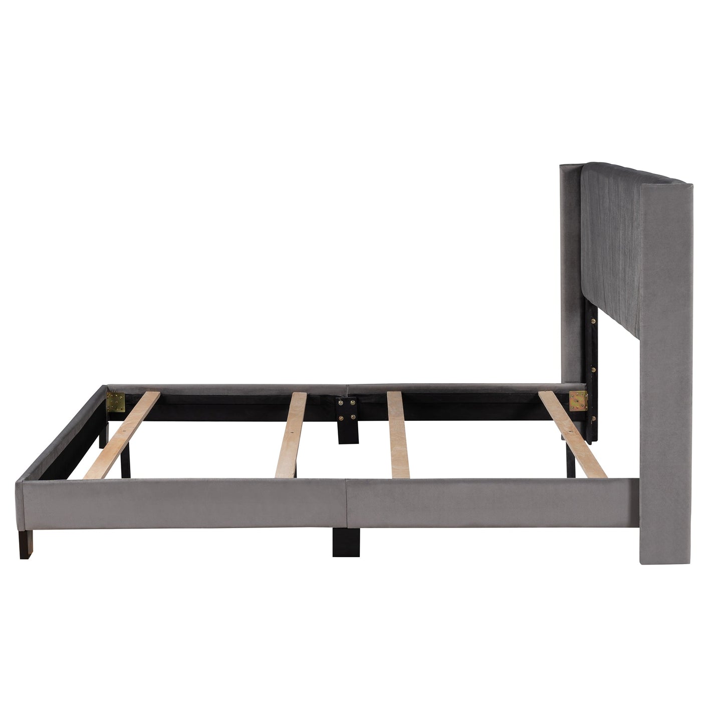 Queen Size Velvet Upholstered Platform Bed, Box Spring Needed - Gray - Demine Essentials