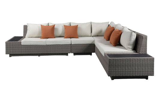 Salena Patio Sectional & Cocktail Table in Beige Fabric & Gray Wicker - Demine Essentials