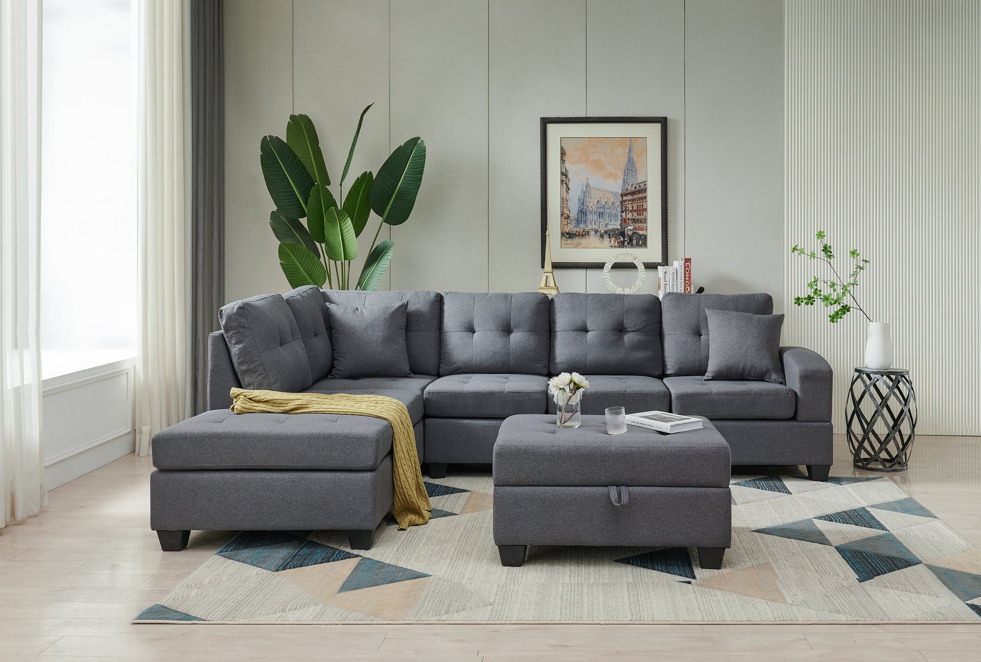 Sectional 3-seaters sofa with reversible chaise, storage ottoman and cup holders ,two small pillows ,GREY (114.5& x 80.5& x35.5&) - Demine Essentials