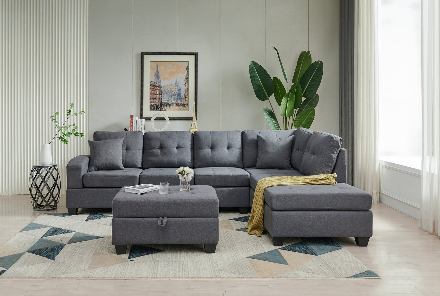 Sectional 3-seaters sofa with reversible chaise, storage ottoman and cup holders ,two small pillows ,GREY (114.5& x 80.5& x35.5&) - Demine Essentials