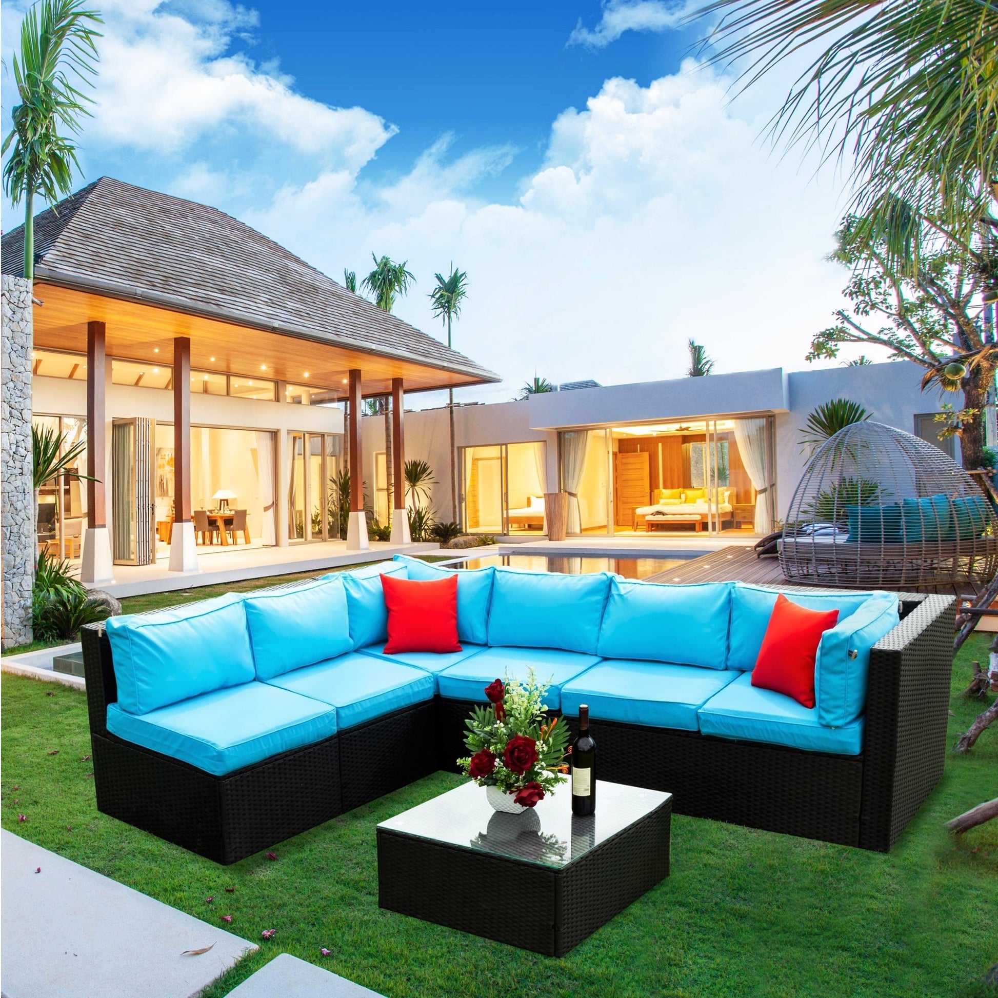 Sectional Outdoor Furniture Cushioned  U Sofa Set with 2 Pillow 5pc - Demine Essentials