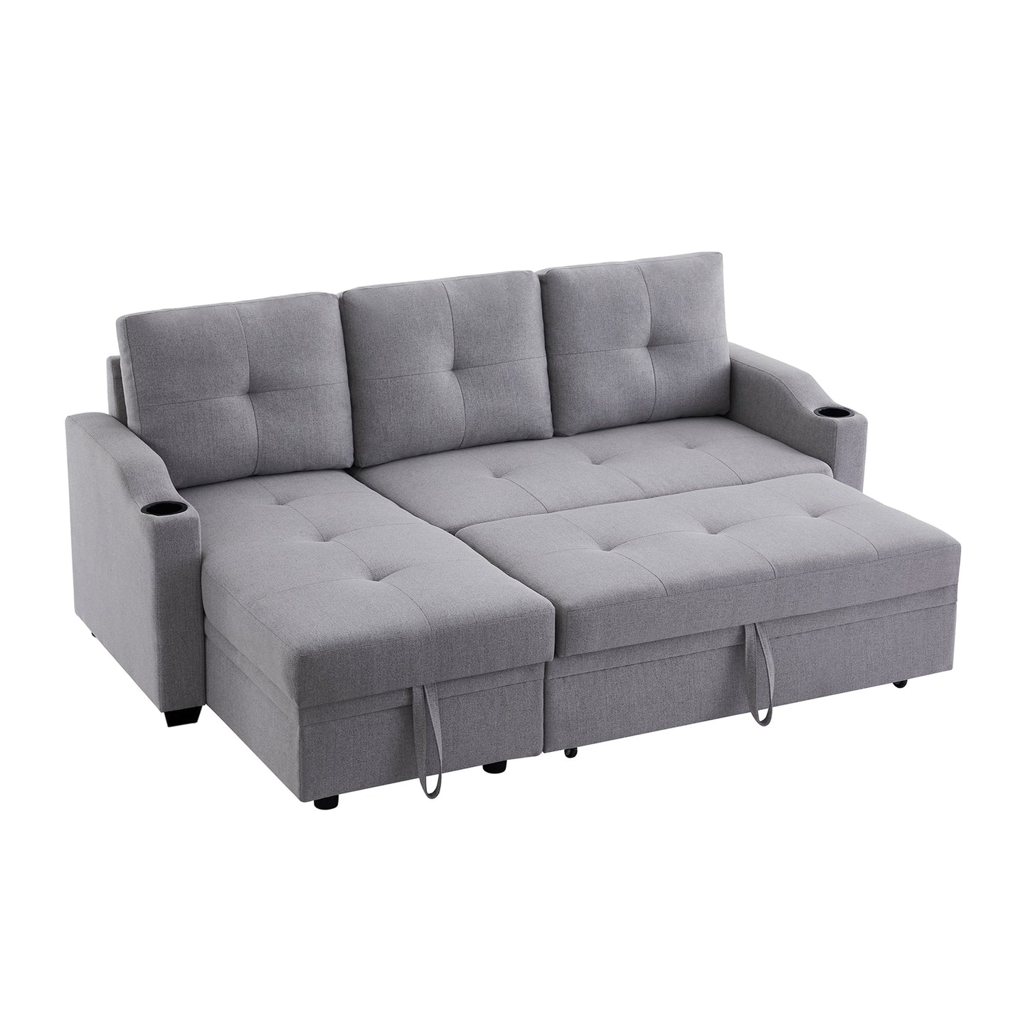 Sleeper Sectional Couch with Storage Chaise and Two Cup Holders Furniture Set Grey - Demine Essentials