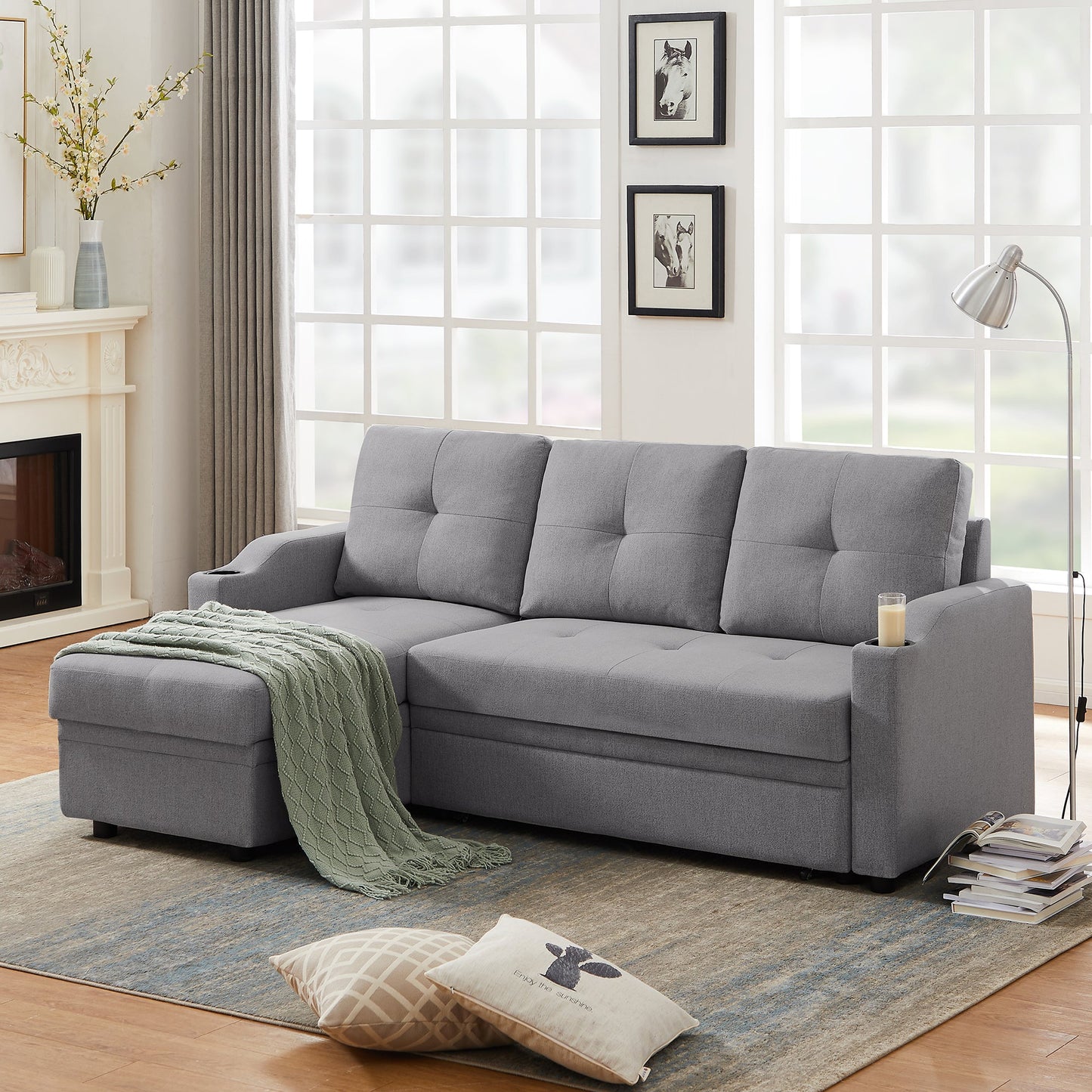 Sleeper Sectional Couch with Storage Chaise and Two Cup Holders Furniture Set Grey - Demine Essentials