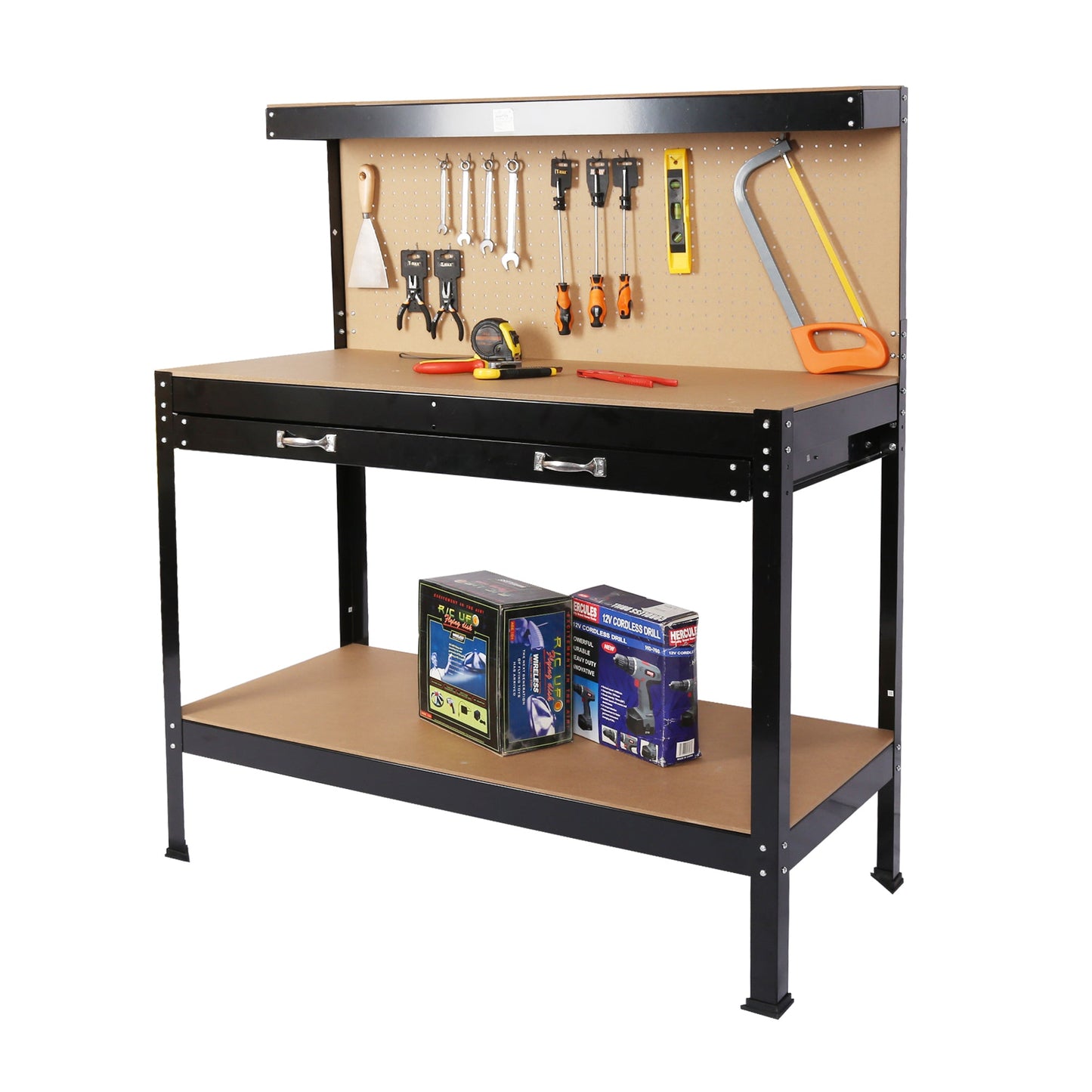 Steel Workbench Tool Storage Work Bench Workshop Tools Table W/Drawer and Peg Board 63" - Demine Essentials