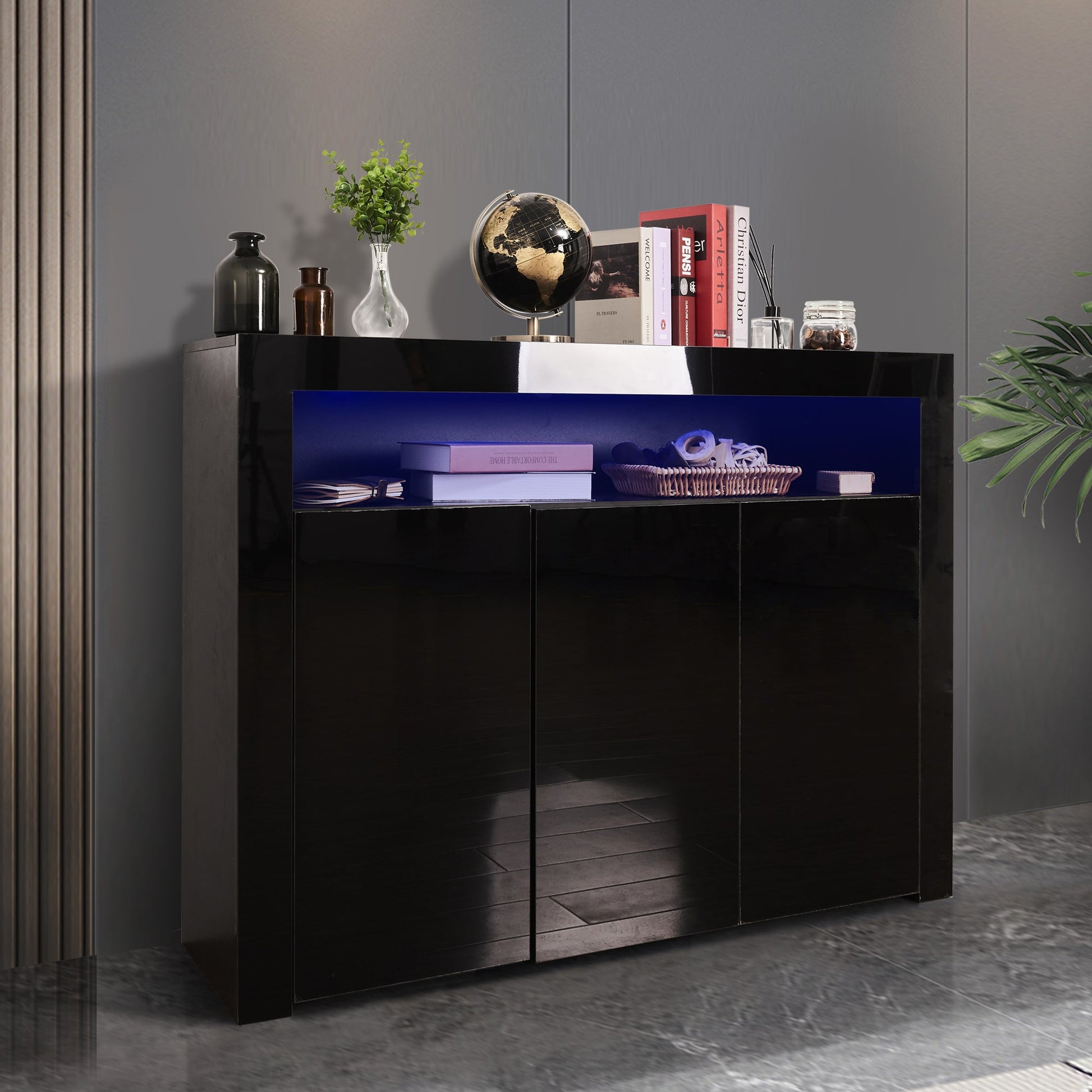 Living Room Sideboard Storage Cabinet Black High Gloss with LED Light, Modern Kitchen Unit Cupboard Buffet Wooden Storage Display Cabinet TV Stand with 3 Doors for Hallway Dining Room - Demine Essentials