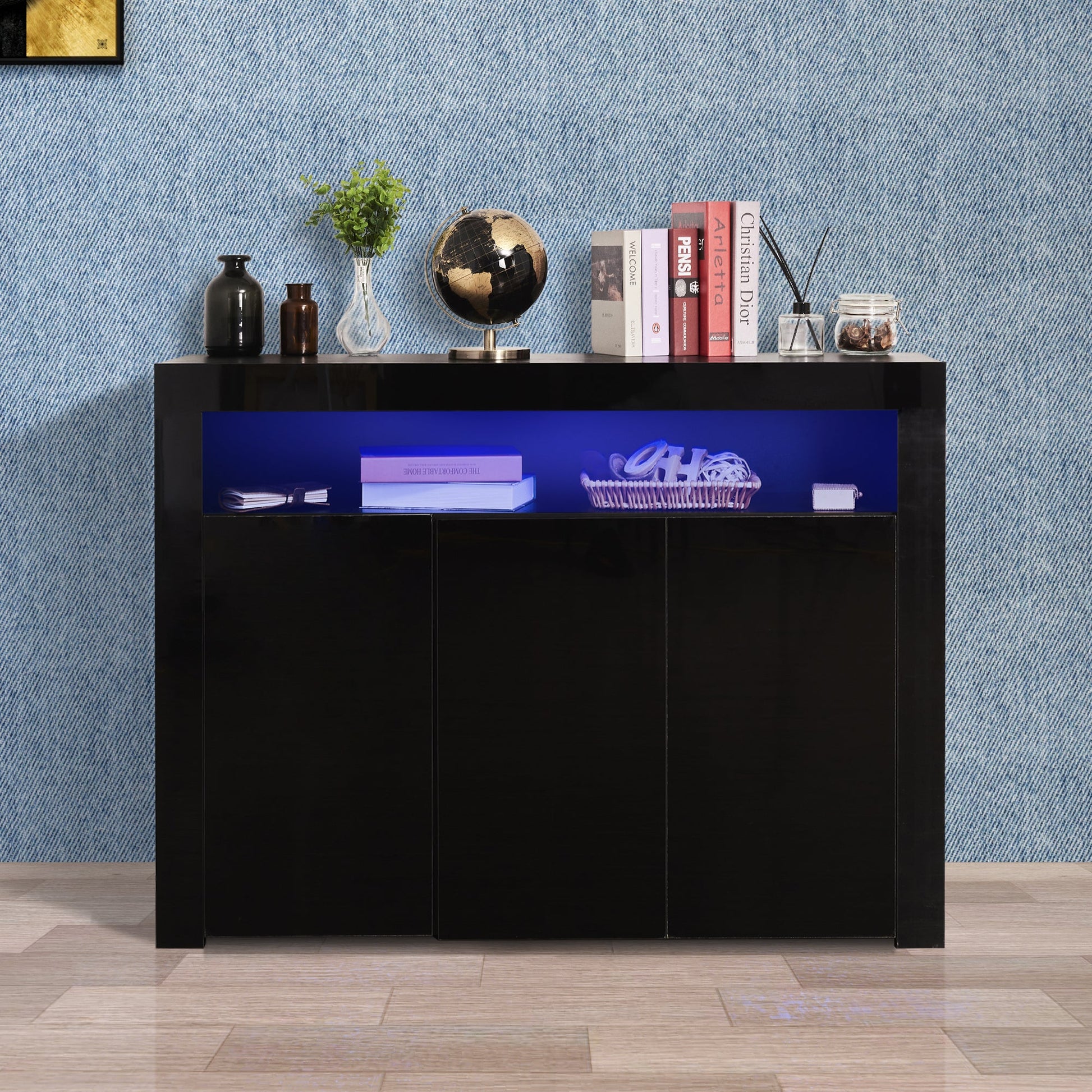 Living Room Sideboard Storage Cabinet Black High Gloss with LED Light, Modern Kitchen Unit Cupboard Buffet Wooden Storage Display Cabinet TV Stand with 3 Doors for Hallway Dining Room - Demine Essentials