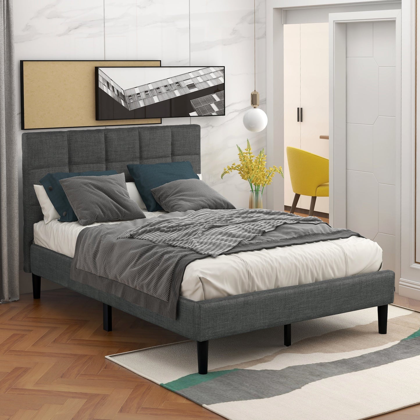 Upholstered Diamond Stitched Platform Bed (Twin, Gray) - Demine Essentials