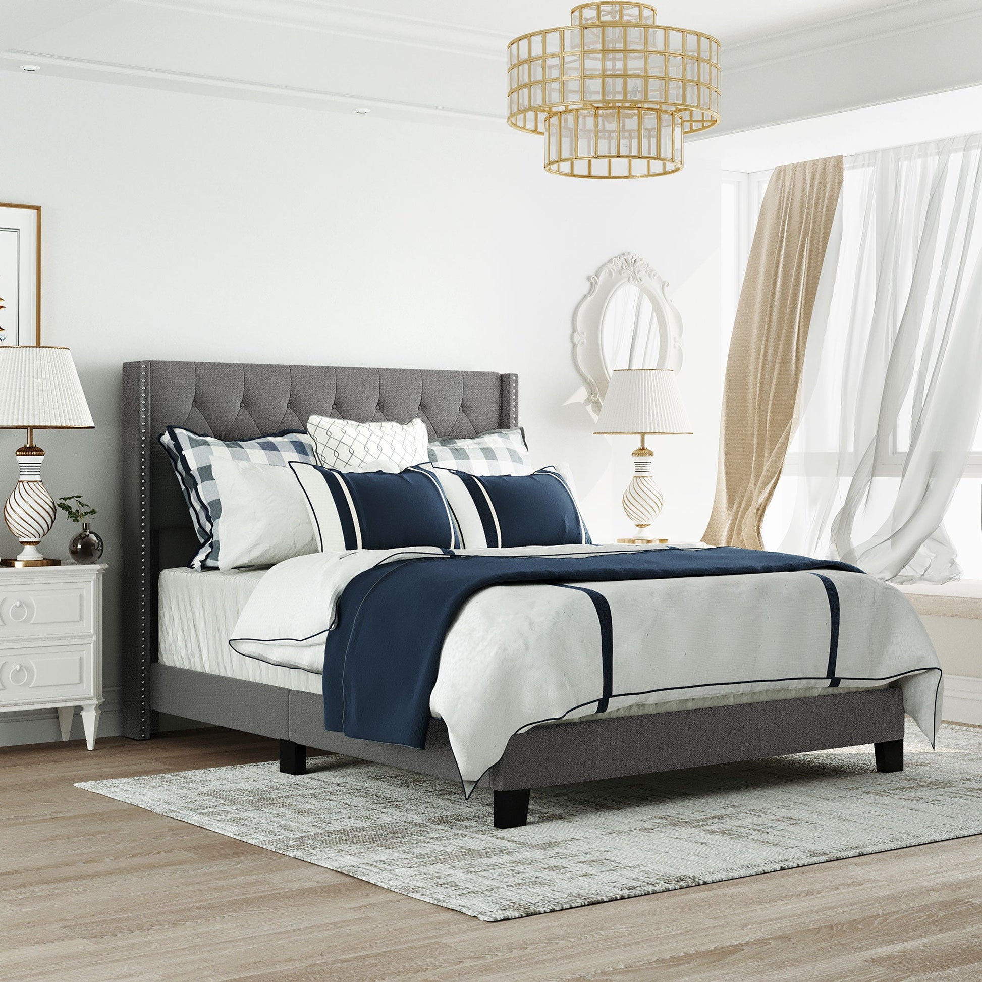 Upholstered Platform Bed with Classic Headboard Gray Linen Fabric Queen Size - Demine Essentials