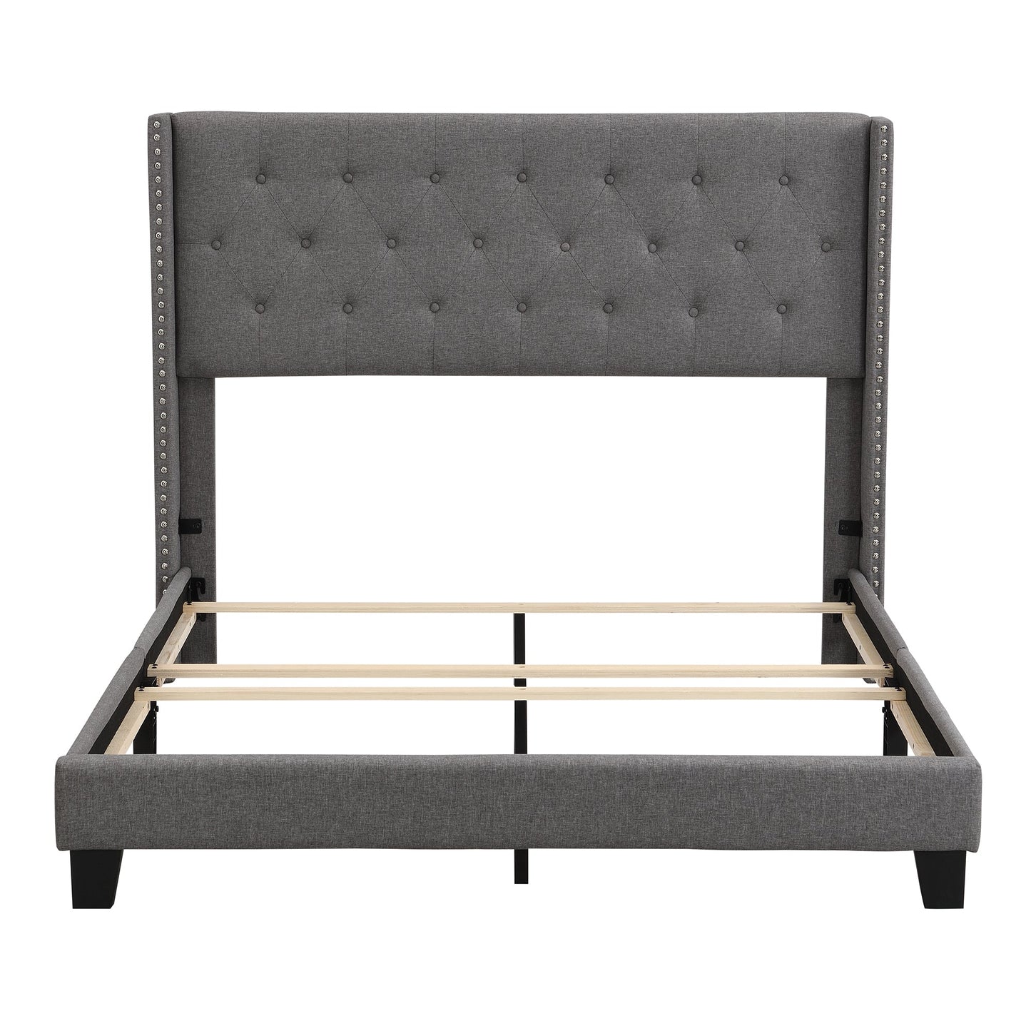 Upholstered Platform Bed with Classic Headboard Gray Linen Fabric Queen Size - Demine Essentials