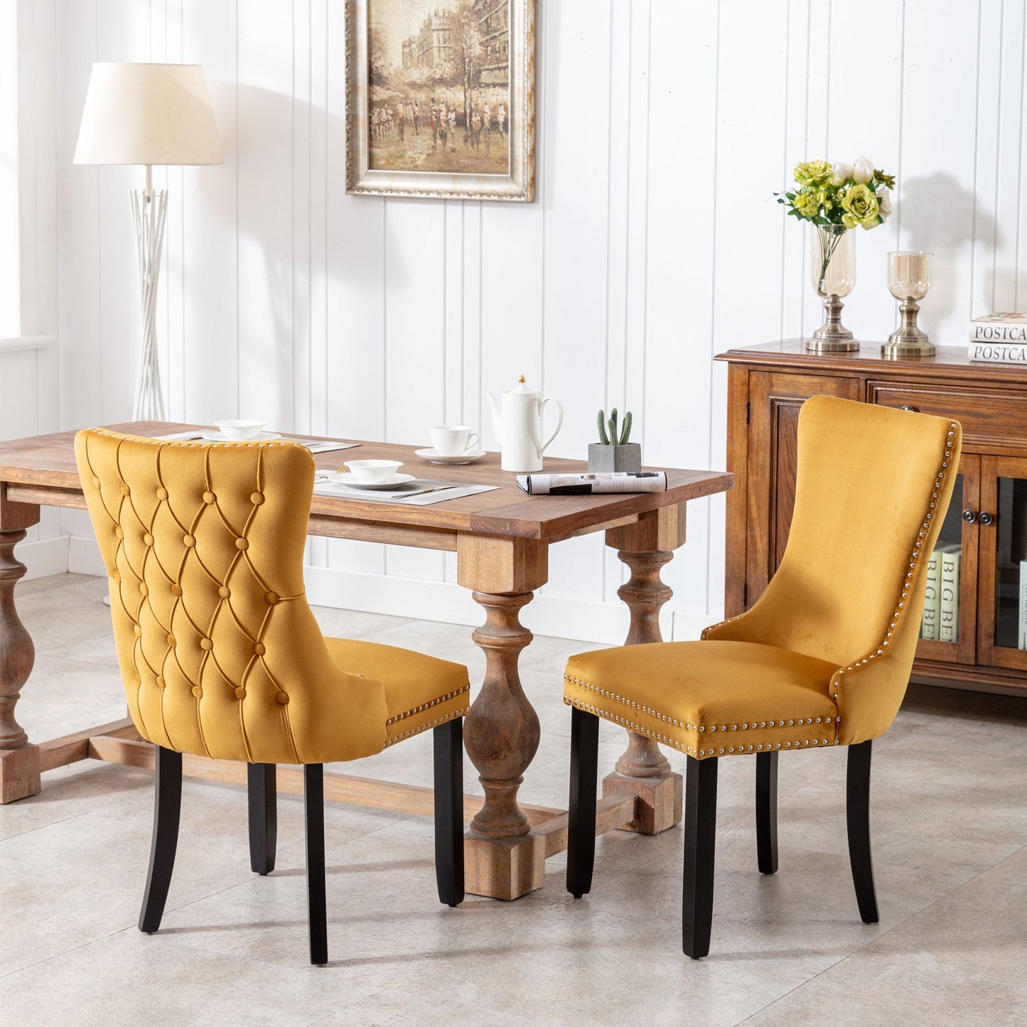Upholstered Wing-Back Dining Chair with Backstitching Nailhead Trim and Solid Wood Legs,Set of 2, Gold - Demine Essentials