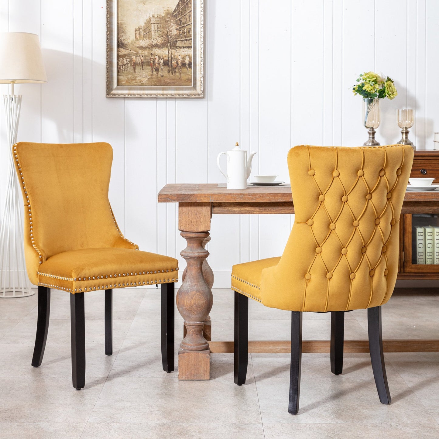 Upholstered Wing-Back Dining Chair with Backstitching Nailhead Trim and Solid Wood Legs,Set of 2, Gold - Demine Essentials