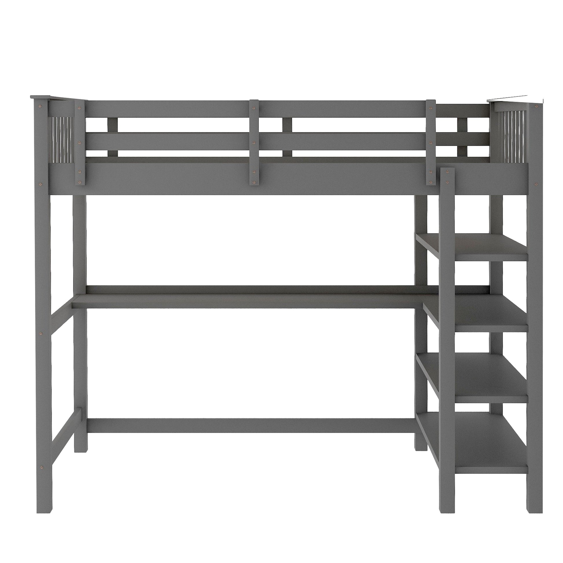 Rubber Wooden Twin Size Loft Bed with Storage Shelves and Under-bed Desk, Gray - Demine Essentials